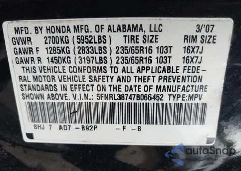 2007 Honda Odyssey Ex-L z USA, uszkodzony, nr VIN 5FNRL38747B066452